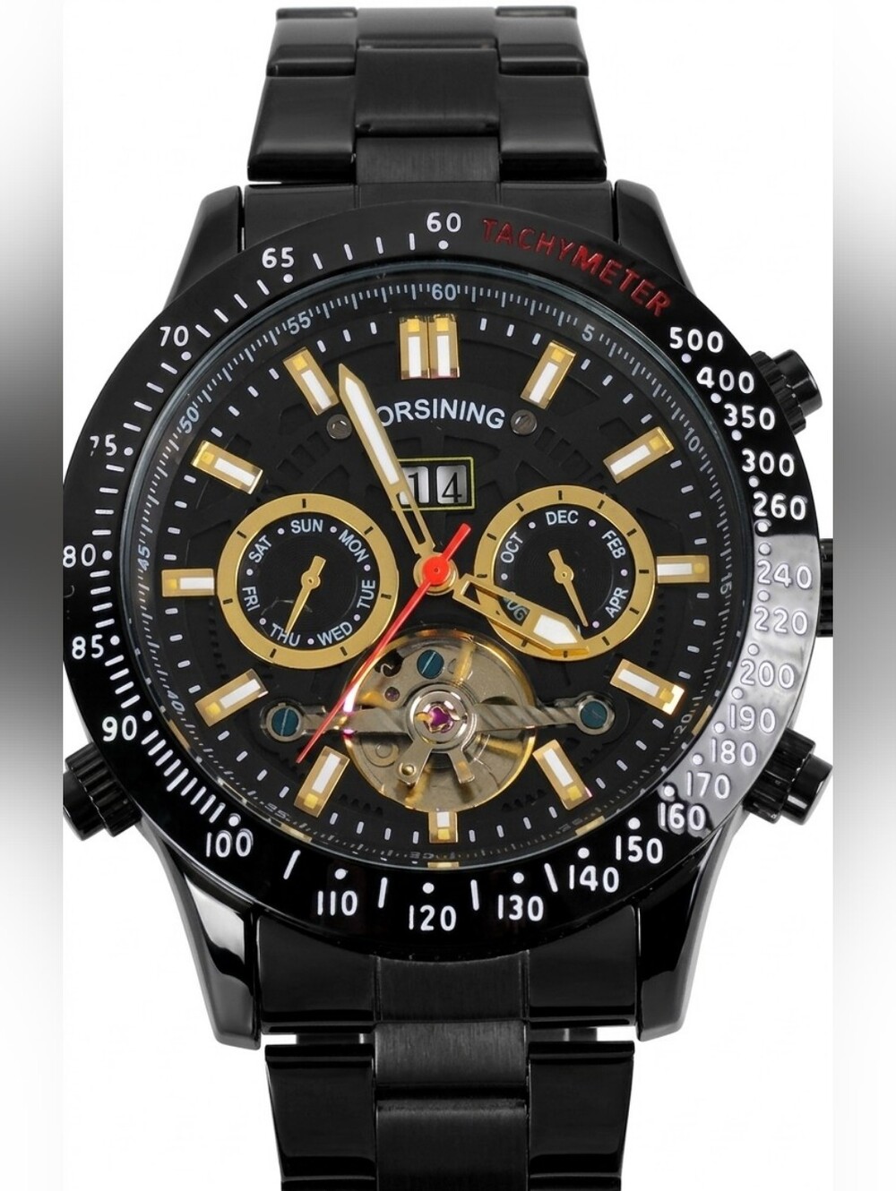 ​FORSINING Men's Automatic Watch - Black Stainless Steel Skeleton Multi-Calendar